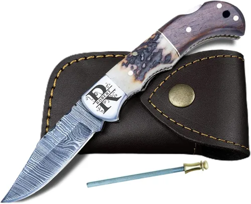 Miniatura 15 de Cuchillo de bolsillo de hueso de camello de acero damascus para hombres, regalos plegables de cuchillo de hoja para él, cuchillos hechos a mano