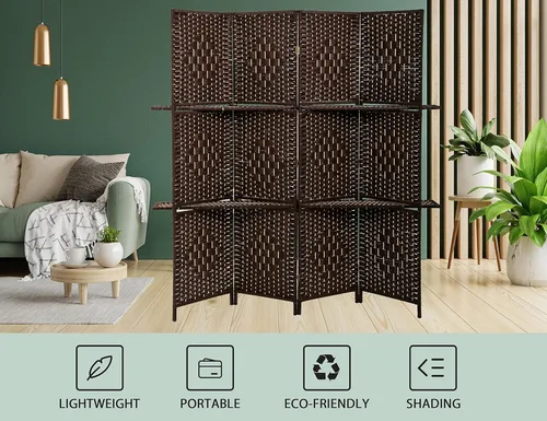 Miniatura 2 de Separadores de habitación de madera de 4 paneles con estantes, pantallas de privacidad plegables, pantalla de partición portátil, 6 pies de alto