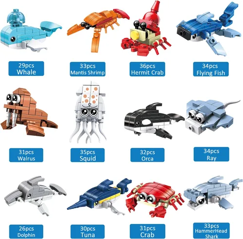 Miniatura 5 de Recuerdos de fiesta para niños, 12 piezas de minibloques de construcción animales del océano, juegos de construcción de juguetes de tronco