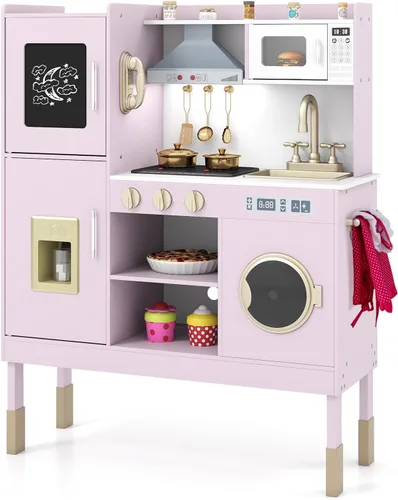 HONEY JOY Juego de cocina para niños, cocina de madera para niños pequeños, microondas, utensilios de cocina, lavadora, campana extractora, juego de