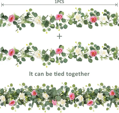 Miniatura 50 de TOCHGREEN Paquete de 2 Guirnaldas de Flores de Eucalipto Artificial de 12 Pies con Rosas Champán, Guirnalda de Flores de Rosa Falsa Verdor