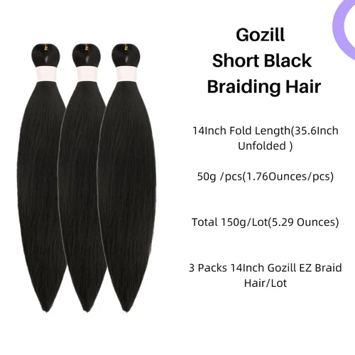 Miniatura 8 de Pelo corto negro trenzado preestirado de 14 pulgadas para trenzas sin nudos, pelo sintético 1B trenzado para trenzas Bob Box