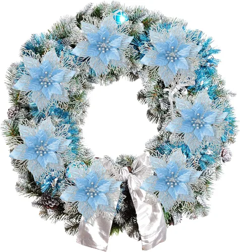 Miniatura 6 de Geosar 24 piezas de flores de Pascua con purpurina para Año Nuevo, flores artificiales en capas, adornos para árbol de boda y Año Nuevo, 3/4/6 Azul