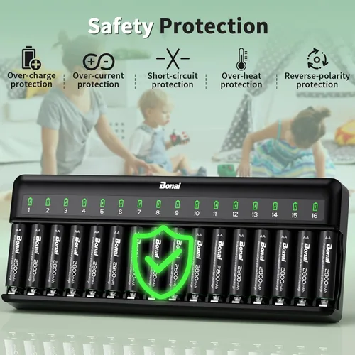 Miniatura 7 de Bonai Baterías AA recargables con cargador, 2800 mAh de alta capacidad precargadas, baja autodescarga, a prueba de fugas, doble A (paquete de 16)