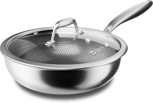 COOKER KING Wok híbrido de acero inoxidable de 12 pulgadas con tapa, sartén antiadherente y sartén profunda, bandeja diaria de panal revestida de