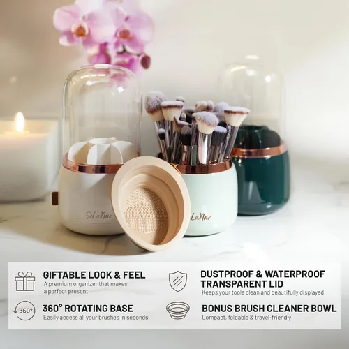 Miniatura 4 de Soporte giratorio para brochas de maquillaje con tapa, organizador de tocador a prueba de polvo para brochas de maquillaje, cuenco limpiador