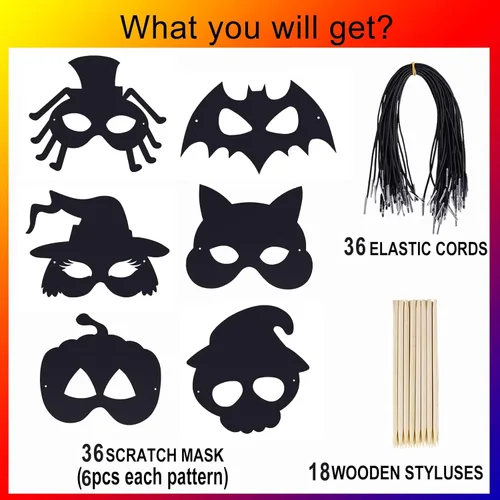Miniatura 3 de Max Fun 36 máscaras de Halloween para arañar, kit de manualidades para niños, cumpleaños, cosplay, decoración de aula, papel mágico para rascar