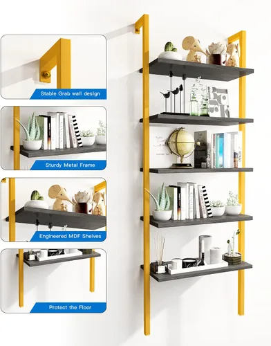 Miniatura 6 de DKLGG Estantería de escalera de 5 niveles, estantería industrial montada en la pared, estantería de escalera estrecha con tablero de madera y marco