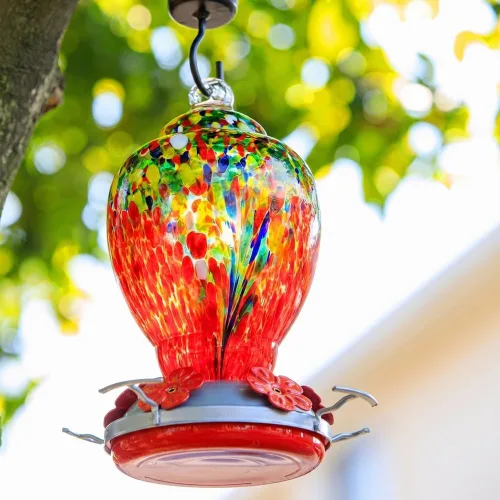 Miniatura 3 de WOSIBO Comedero para colibríes para exteriores, patio, grande, 32 onzas, comedero para colibríes de vidrio soplado a mano colorido con foso