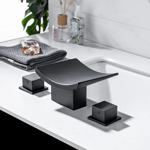 Miniatura 8 de Grifos de baño en cascada, moderno grifo de lavabo de baño de 3 agujeros, grifo mezclador de lavabo de latón de doble mango con mangueras de Negro
