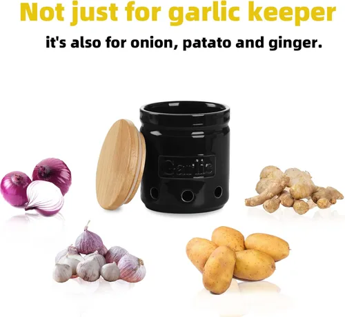 Miniatura 4 de ONTUBE Soporte de ajo con tapa de madera, contenedor de ajo cerámico de 4.5 pulgadas, contenedor de ajo para la cocina, guardador de ajo para Negro
