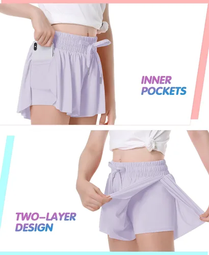 Miniatura 2 de QooNoo Girls Butterfly Shorts with Pocket Flowy Athletic Shorts High Waist Preppy Running Shorts for Kids Teen