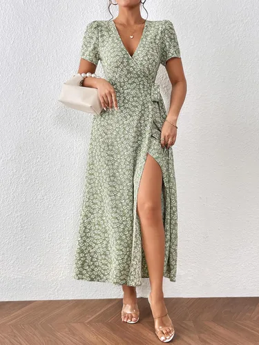 Miniatura 3 de OYOANGLE Vestido largo de manga corta con cuello en V y estampado floral bohemio para mujer