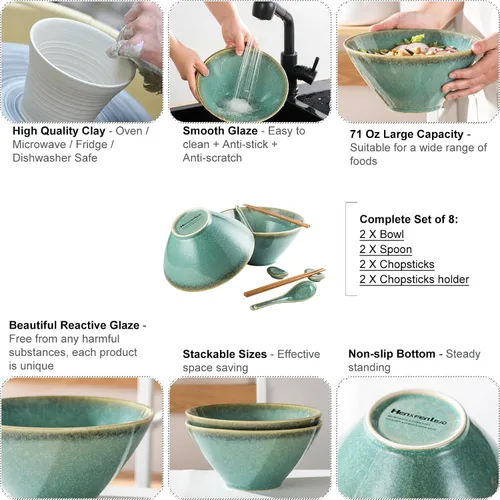 Miniatura 3 de Tazones grandes para servir ensalada, sopa, ramen, 71 OZ tazones de cerámica japoneses para fideos ramen con palillos, cucharas y soportes