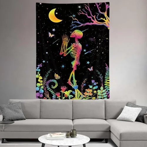 Miniatura 7 de MCKTOM Divertido tapiz de pared con luz negra, diseño de calavera y luna, diseño de esqueleto, meditación, espiritual, trippy, bohemio, flores