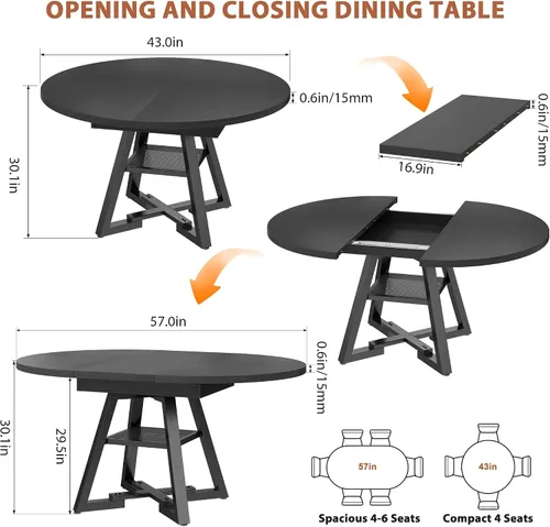 Miniatura 2 de Mesa de comedor redonda extensible de 43 a 57 pulgadas para 4-6, moderna mesa de comedor ovalada de cocina industrial con hojas extraíbles, base