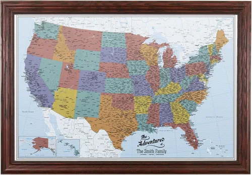 Miniatura 38 de Push Pin Travel Maps Lienzo personalizado Blue Oceans USA con marco gris de madera de granero