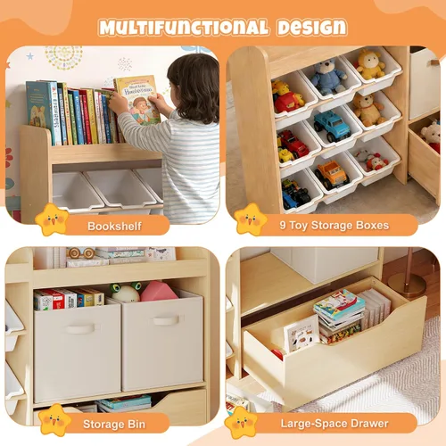 Miniatura 4 de COSVALVE Organizador de almacenamiento de juguetes para niños, organizadores de juguetes de 4 niveles con 2 cubos abiertos, 9 cajas y 2 contenedores