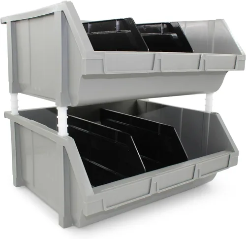 Paquete de 2 contenedores apilables extragrandes de almacenamiento – 16.5 x 14.5 x 6.9 pulgadas, organizador resistente, diseño colgante y de GRIS 2