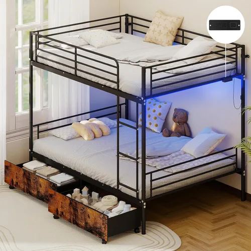 Miniatura 15 de Zevemomo - Litera de cama individual sobre cama matrimonial, literas de metal de bajo perfil con barandilla de seguridad de longitud completa