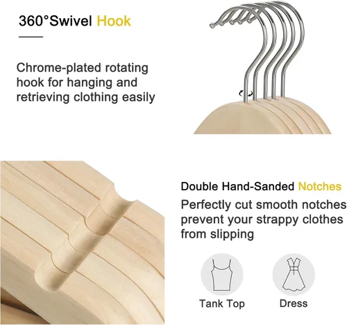 Miniatura 3 de TOPIA HANGER Perchas de madera natural sin terminar, paquete de 18 unidades, gancho giratorio de 360° y muescas de hombro cortadas suavemente