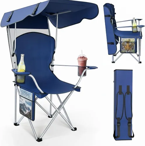 Sillas de camping plegables portátiles con toldo para adultos, silla de playa para adultos, tela Oxford 600D duradera resistente a la intemperie,