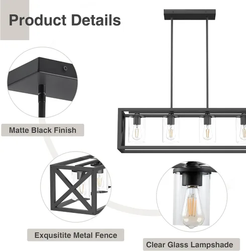 Miniatura 5 de Lámpara de comedor de granja – Iluminación de isla de cocina de 4 luces con altura ajustable y metal grueso para comedor sobre mesa, candelabros