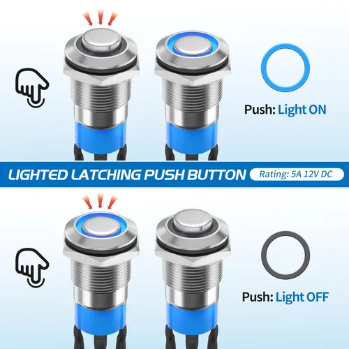 Miniatura 3 de Interruptor de botón de enganche DaierTek de 12 mm, interruptor de botón de 12 V, carcasa plateada, luz LED azul iluminada, interruptor impermeable
