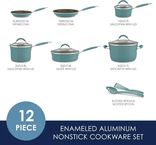 Miniatura 2 de Rachael Ray Cucina Juego de Utensilios de Cocina Antiadherentes Ollas y Sartenes, 12 Piezas, Azul Agave