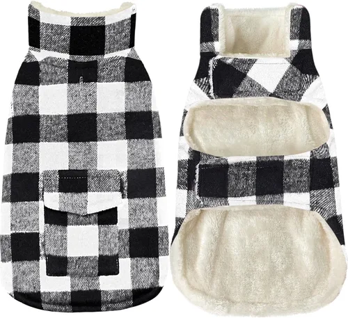 Malier Abrigo de Invierno para Perro, Abrigo Clásico de Forro Polar a Cuadros para Clima Frío, Chaqueta para Perro con Bolsillo, Abrigo Cálido Blanco