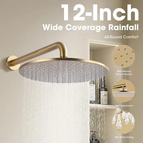 Miniatura 3 de TRUSTMI Sistema de ducha dorado cepillado con boquilla giratoria, juego de ducha de lluvia de 12 pulgadas montado en la pared con válvula desviadora