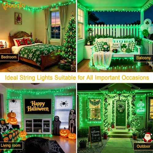 Miniatura 6 de Pooqla Guirnalda de 200 luces LED para interiores y exteriores, luces verdes de Halloween de 66 pies, enchufables con temporizador, 8 modos Alambre