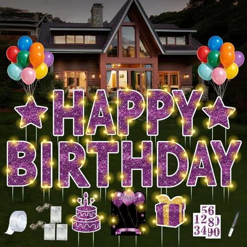 Miniatura 9 de Letrero de feliz cumpleaños con estacas, 18 piezas de letrero negro de feliz cumpleaños con luz LED de 49.2 pies, letrero grande personalizado