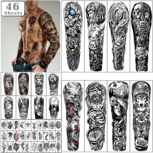 Miniatura 7 de Yazhiji Tatuajes temporales extragrandes, 8 hojas de tatuajes falsos de brazo completo y 8 hojas de pegatinas de tatuaje de medio brazo para hombres