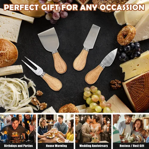 Miniatura 6 de Juego de cuchillos de queso para embutidos – 4 cuchillos de queso pequeños de acero inoxidable y tenedor con soporte magnético de madera de acacia