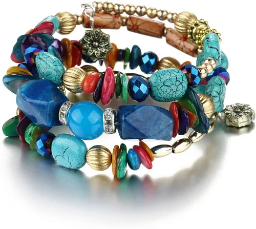 Brazalete apilable para mujer Vonru, diseño vintage de abalorios de colores, con múltiples capas, estilo bohemio, con piedras natales, para yoga, la