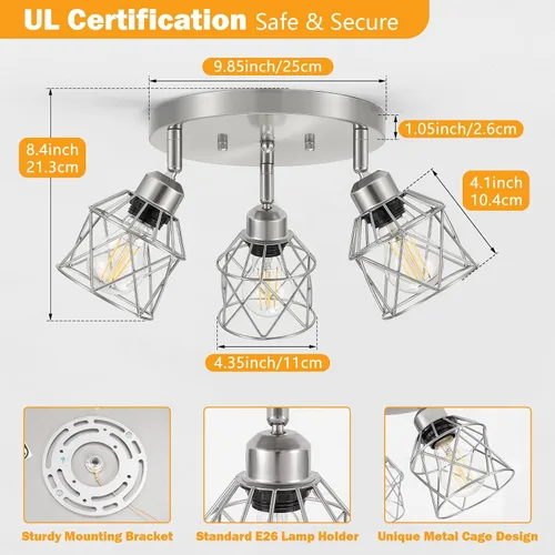Miniatura 2 de Baocuz Lámpara de techo semiempotrada de níquel cepillado de 3 luces, luminarias de cocina ajustables montaje al techo base E26, luces de techo