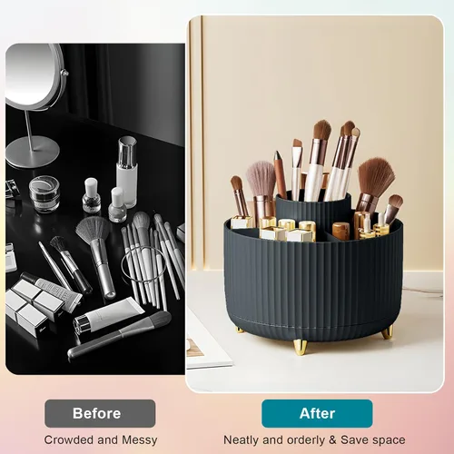 Miniatura 5 de Organizador para brochas de maquillaje, organizador de brochas de maquillaje giratorio 360°, taza con 5 ranuras para brochas de maquillaje