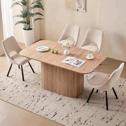 Miniatura 28 de Juego de 4 mesas de comedor grandes de 63 pulgadas para 4, esquinas redondeadas, mesa de cocina rectangular moderna de madera con sillas Boucle