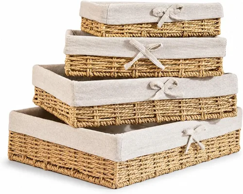 Miniatura 10 de Juego de 4 cestas para estantes, cestas de almacenamiento de mimbre poco profundas con forro de lino, cubos decorativos de cuerda de papel tejido