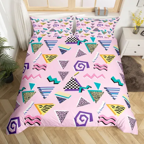 Miniatura 18 de Juego de funda de edredón retro de los años 80 y 90 para hombres y niños, tamaño matrimonial, con formas geométricas redondas triangulares, funda