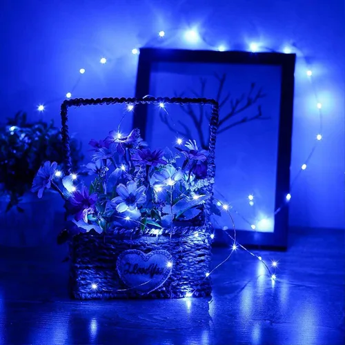Miniatura 6 de RUICHEN Luces de Hadas de Alambre Plateado Enchufables de 33 Pies, Cadena de 100 Luces LED con Carrete, Azul Waterproof, Silver Coated Copper Wire