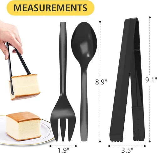 Miniatura 3 de Juego de utensilios de plástico para servir, 18 piezas, 9 pulgadas, negro