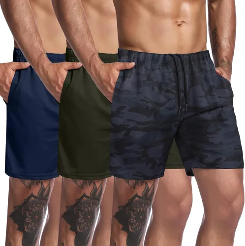COOFANDY Paquete de 3 pantalones cortos de entrenamiento para hombre, pantalones cortos deportivos de malla, ligeros, para culturismo, con bolsillos