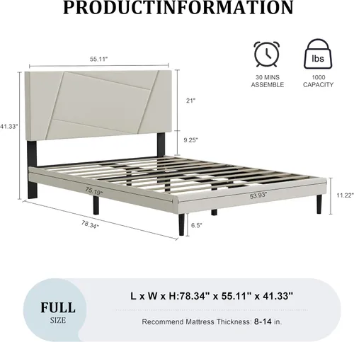 Miniatura 2 de IOILORI - Base de cama tamaño Full con cabecera tapizada en terciopelo de diseño geométrico, estructura robusta y listones de madera, silenciosa,