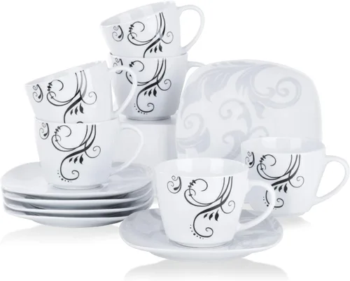 Miniatura 37 de VEWEET, Serie Fiona - Juego de vajilla de 30 piezas para 6 personas, blancos con rayas negras y grises, vajilla de porcelana de platos de postre