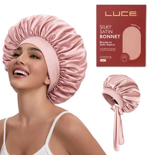 Miniatura 10 de LUCE Gorro de seda de satén para dormir, gorro de satén XL de doble capa de 600 hilos para mujer, gorro para dormir con lazo ajustable