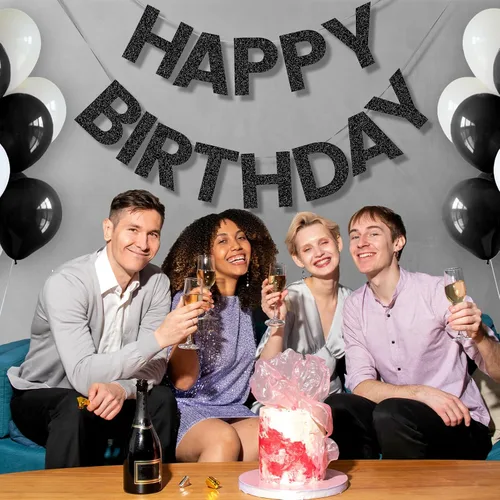 Miniatura 9 de Pancarta de Feliz Cumpleaños con Purpurina Negra - 9 pies Pre-Ensartada Sin Bricolaje Cartel de Fondo para Fiestas, Adultos, Niños, Mujeres
