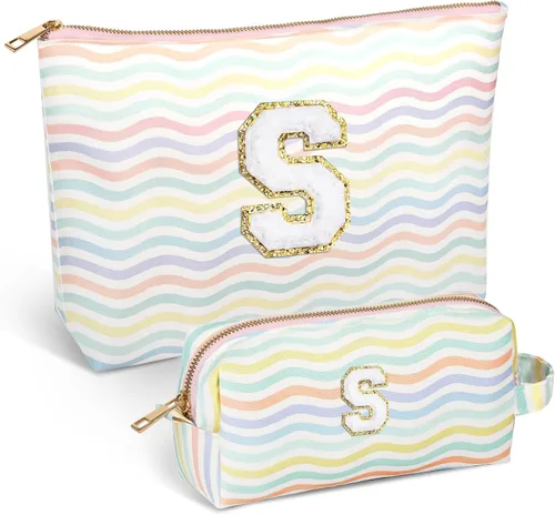 Miniatura 43 de Bolsa de viaje de maquillaje con monograma de 2 piezas para regalos de niñas adolescentes, bolsa de cosméticos para niñas, bolsa de aseo de viaje