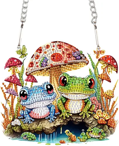 AiYuanzsh DIY 5D Mushroom Frogs Kits de pintura de diamantes Letrero colgante de arte de pared Arte de diamante Colgante de ventana Colgante de Dos